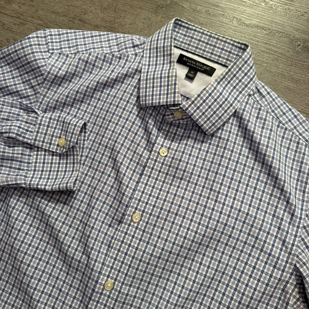 Banana Republic Shirt Men M Blue 100% Cotton Non-Iron Slim Fit Plaid Preppy Work